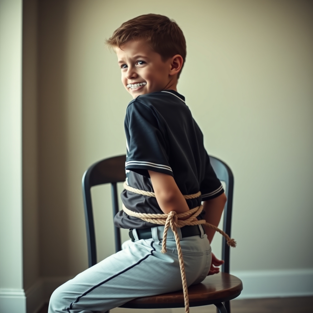 A young boy, nine years old, sits on a chair in a room.  He 
