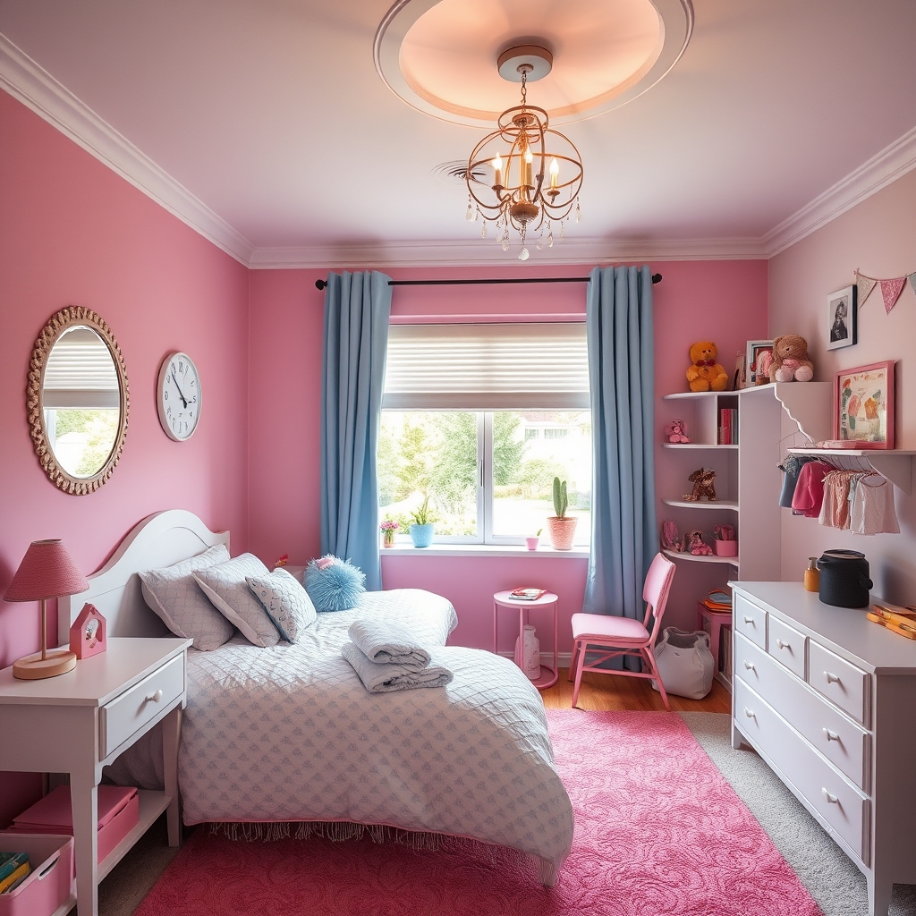 A bedroom with pink white and blue for 11  year old girl