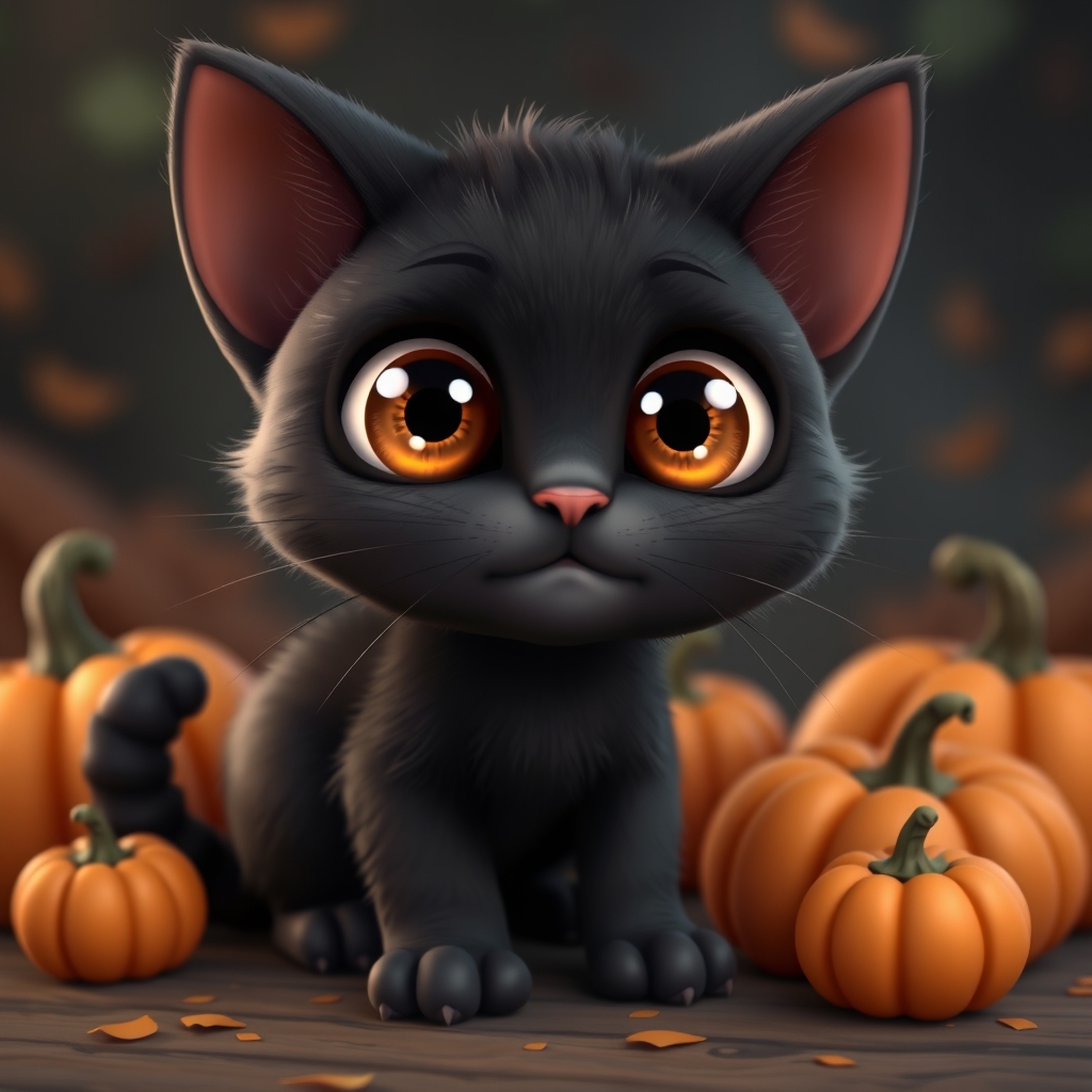 Animated Black kitten with big eyes and with multiple pumpki