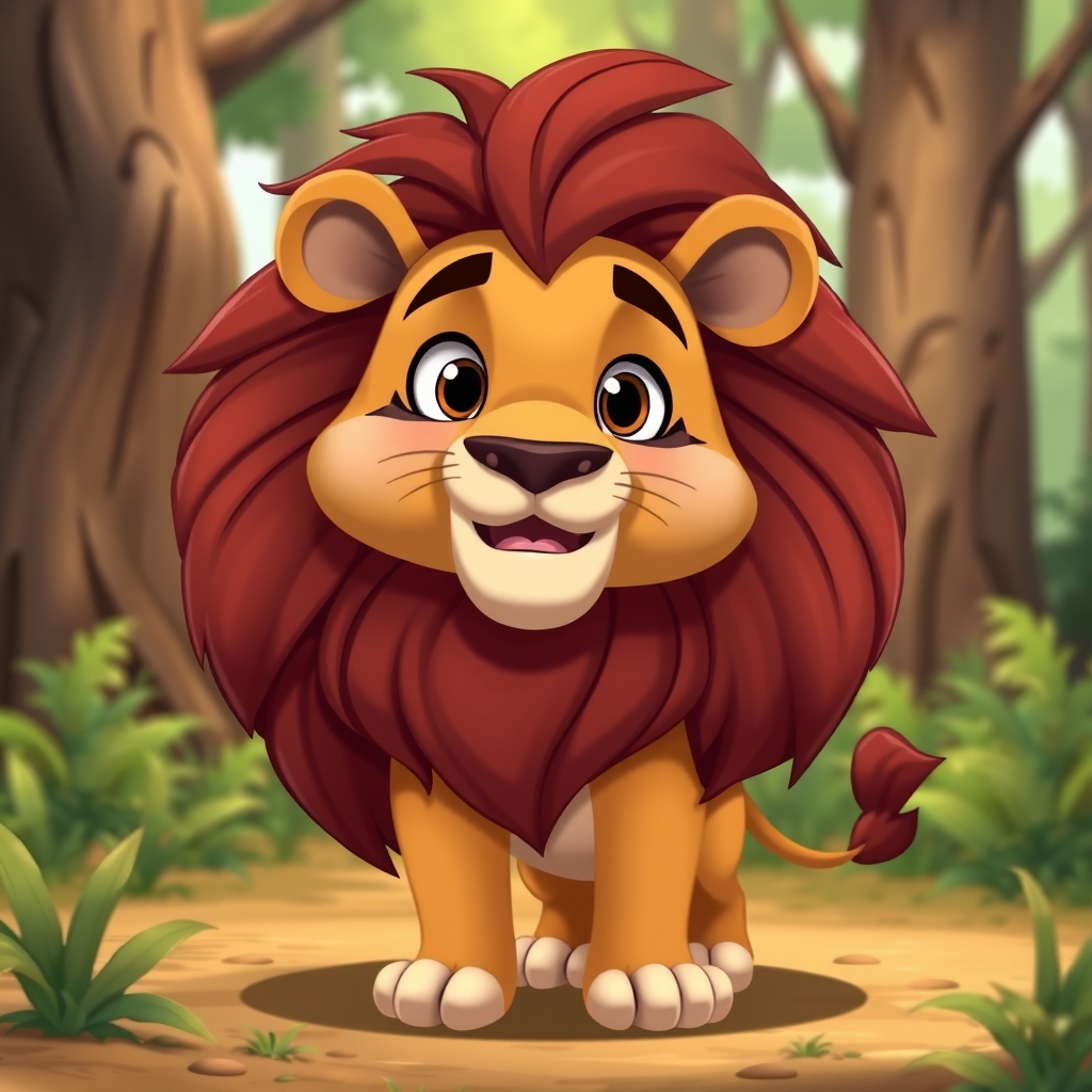 A cartoon animated lion standing in forest
